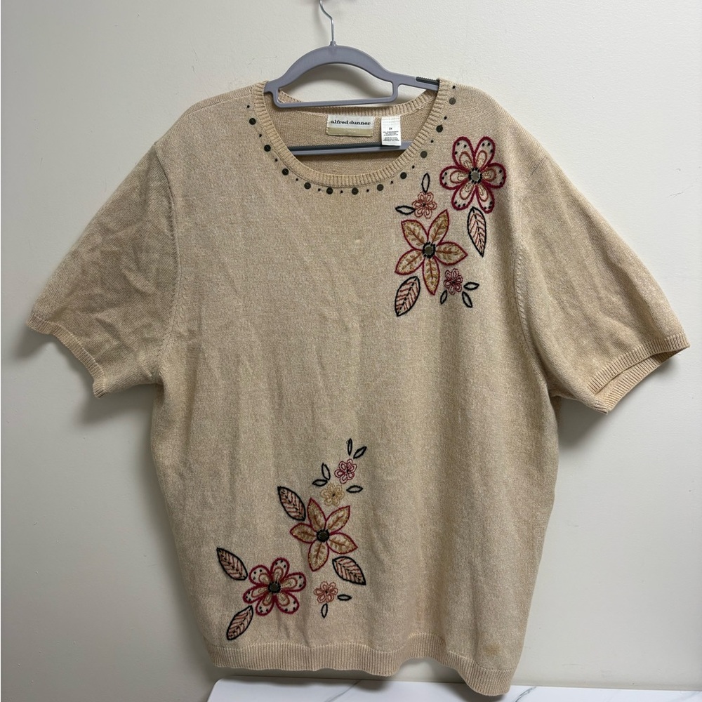 Alfred Dunner Floral Embroidered Short Sleeve Sweater Top Beige Women’s Size 2x